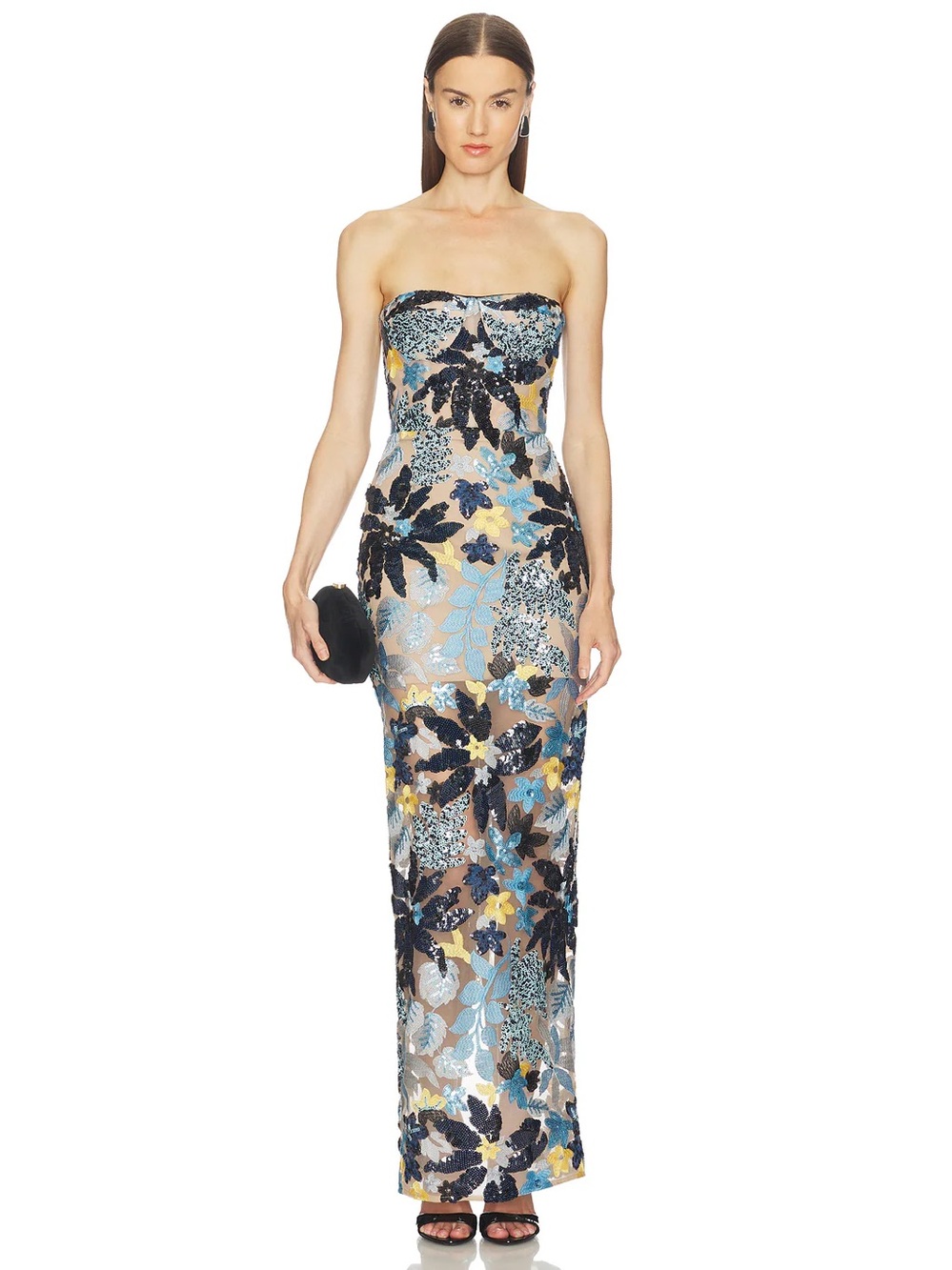 NWOT Bronx And Banco Dahlia Strapless Maxi Dress in Blue Yellow Multi